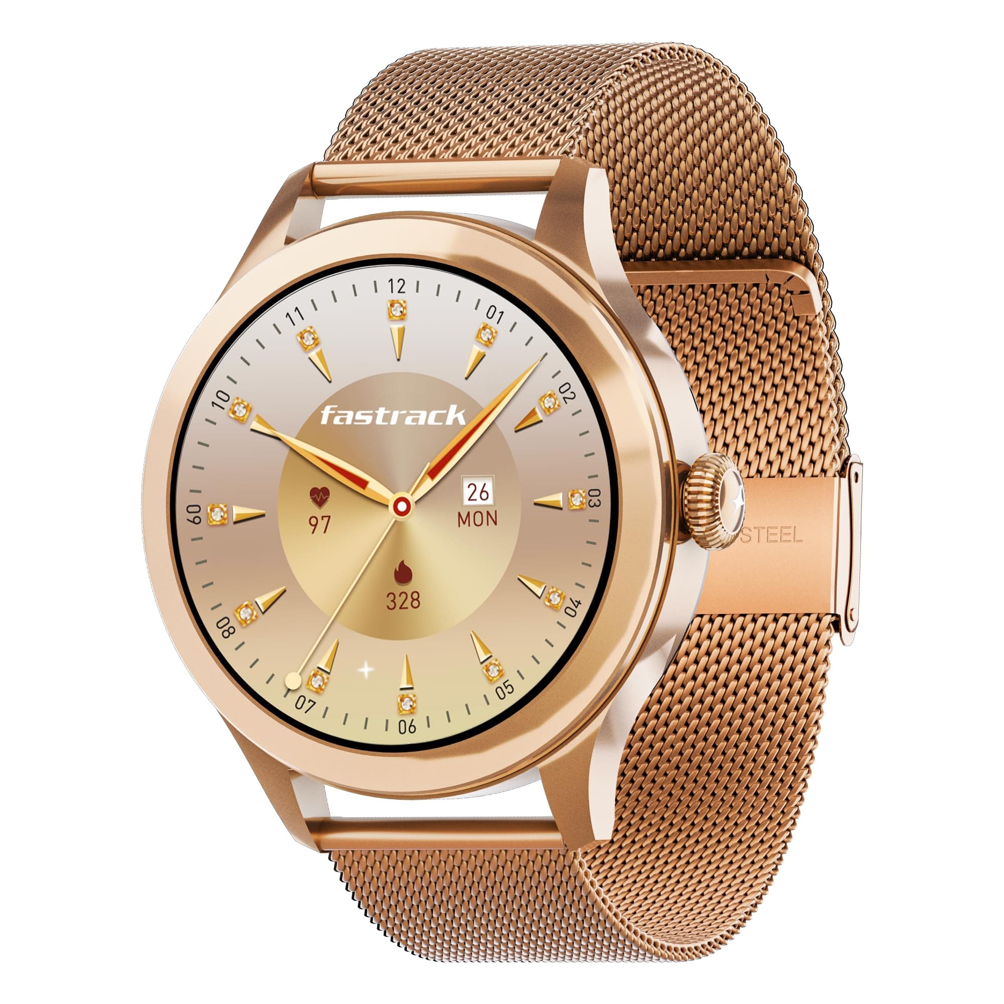 Fastrack Noir Pro 1.19" Super AMOLED Metal Smart Watch with 1000 Nits Brightness, BT Calling, 24/7 Health Suite, Functional Crown, Zinc Alloy Case – Smartwatch for Women (Rose Gold) (68042WM01C)