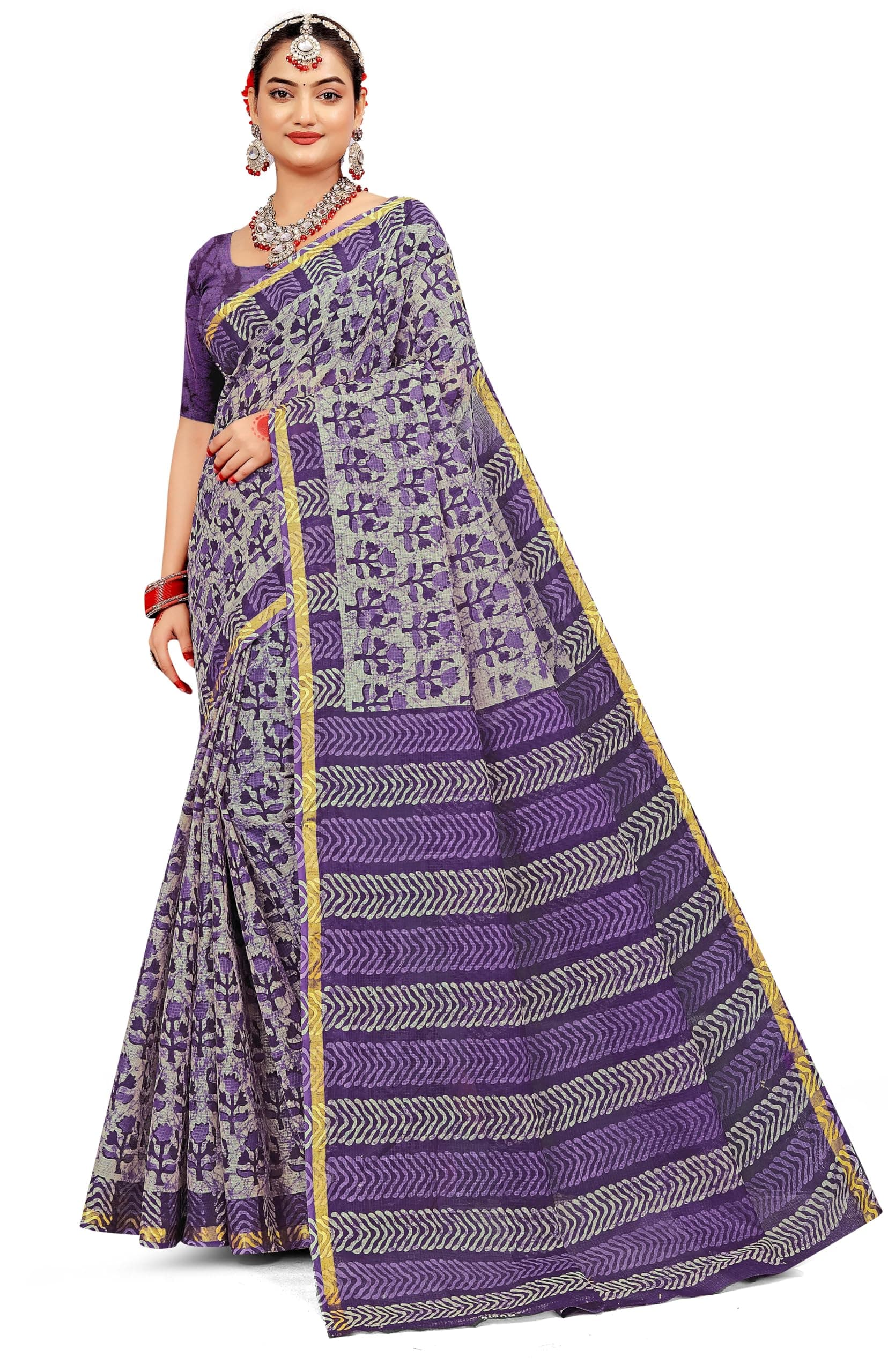 Pure Cotton Violet Saree with Unstitched Blouse Piece, Batik Printed Flower Motifs, Moonga Kota Gold Resham Border