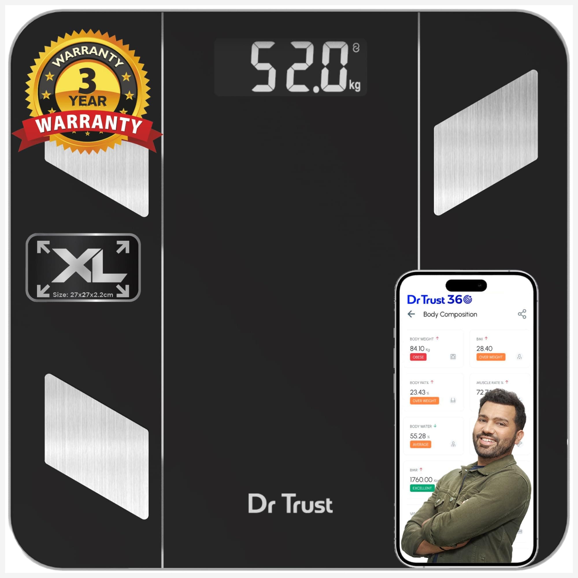 Dr Trust USA 525 Hercules BMI Weight Machine For Body Weight, Digital Body Fat Analyzer & Smart Body Composition Weighing Scale, 14 Body Parameters, IOS/Android App Sync, XL-27x27x2.2 cm (Black)