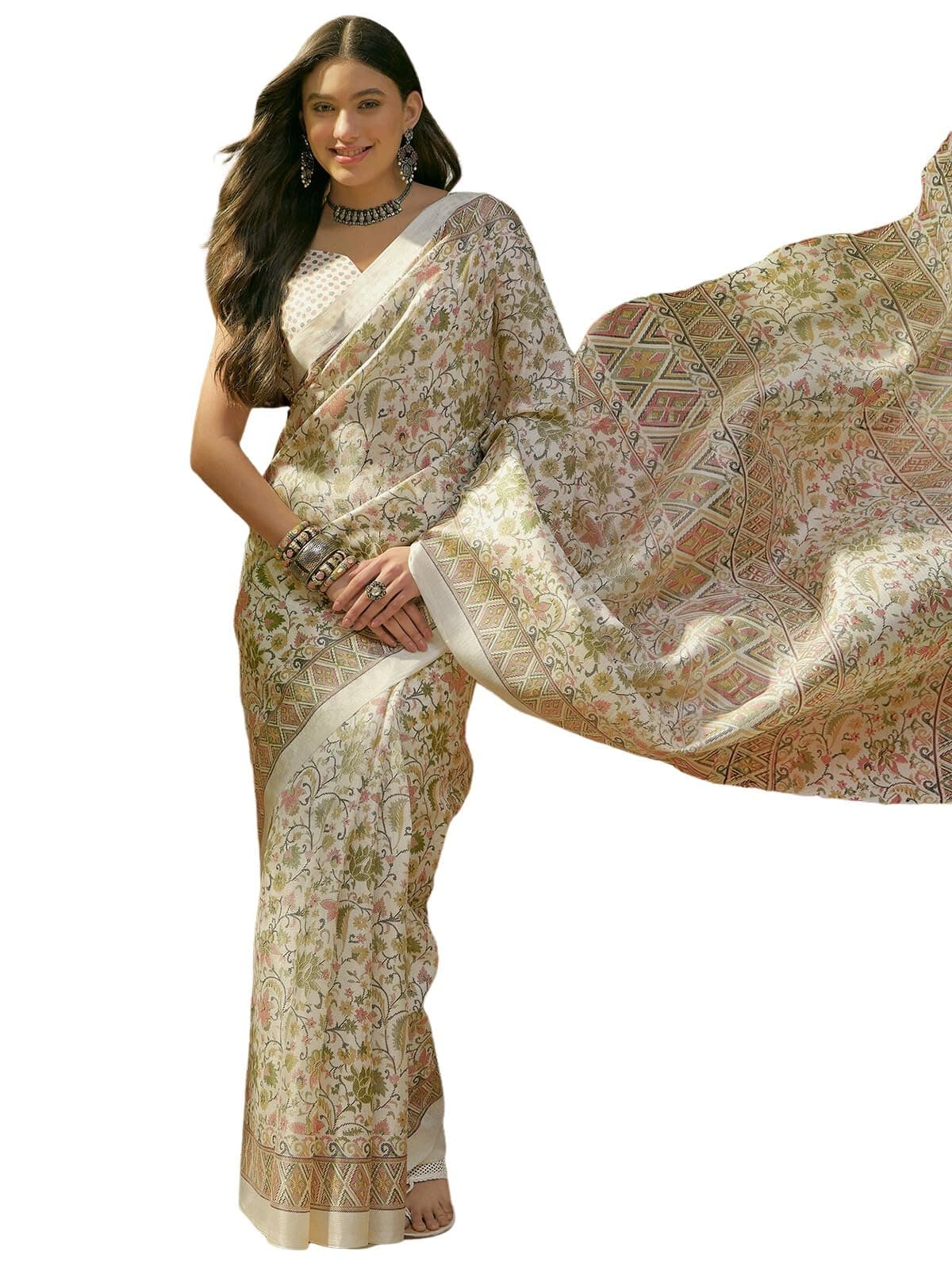 SIRIL Women's Cotton Printed Saree With Unstitched Blouse Piece