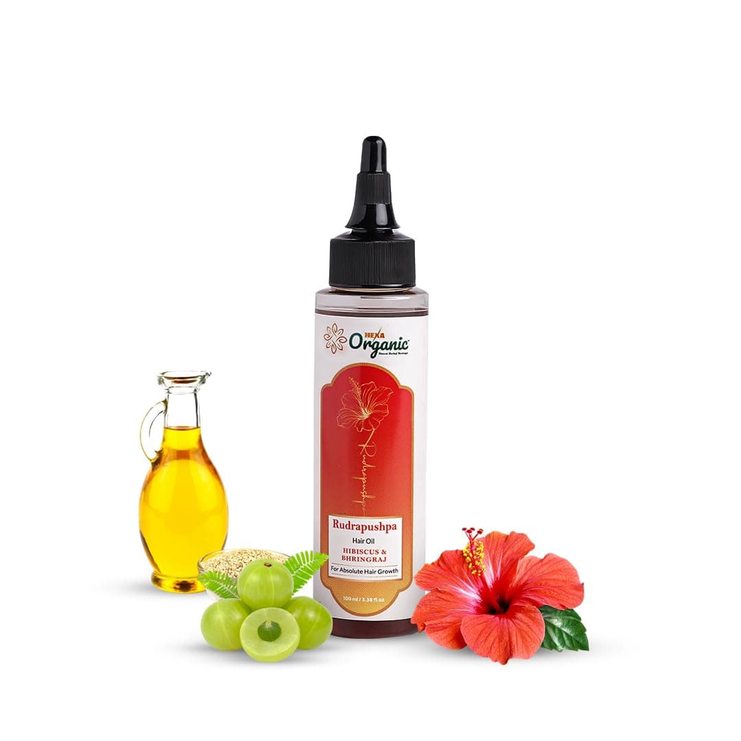 Rudra Pushpa Hair Oil – With Hibiscus, Bhringraj, Amla, Brahmi, Jatamansi, Tulsi & Sesame Oil | Reduces Hair Fall, Promotes Growth, Nourishes Scalp | Paraben & Mineral Oils Free | 100 ml